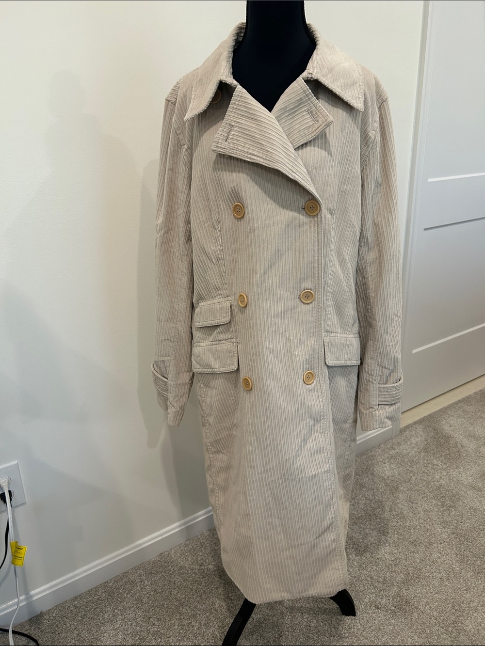 J. Crew Long Beige Corduroy Double-Breasted Trench Coat